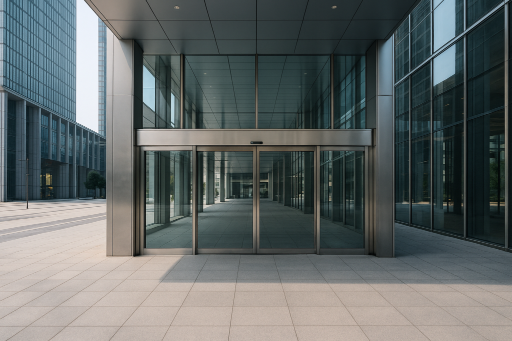 Automatic sliding door at the entrance of a modern commercial building in Saudi Arabia, built for high traffic and reliability.