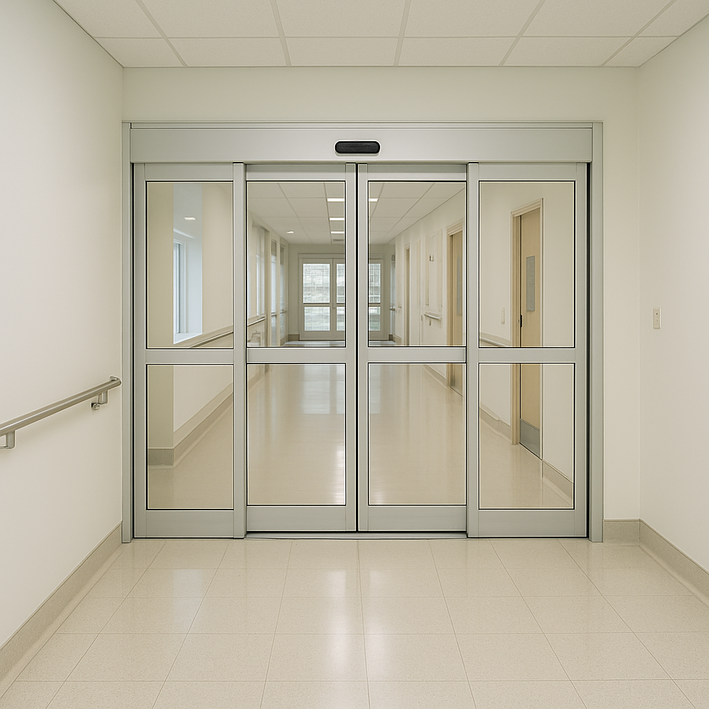 Automatic sliding door in a hospital corridor in Saudi Arabia, designed for hygiene, safety, and controlled access.